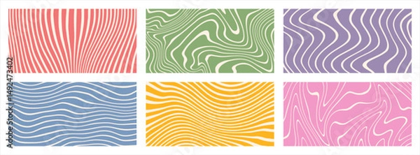 Fototapeta Distorted deformed lines vector striped backgrounds half page banners set. Fluid curved wiggling doodle uneven hand drawn wavy organic stripes waves. Funky ornaments groovy hippie patterns collection