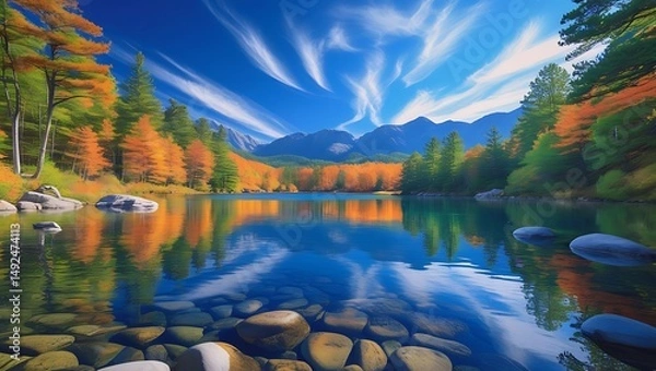 Fototapeta Tranquil Autumn Lake with Vibrant Reflections and Mountain Backdrop