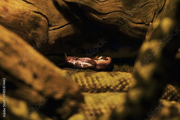 Fototapeta Vipera ammodytes, commonly known as horned viper, long-nosed or nose-horned viper, lying with others on a tree stump.