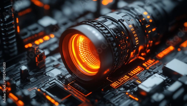 Fototapeta Futuristic Cyberpunk Camera Lens on Production Line