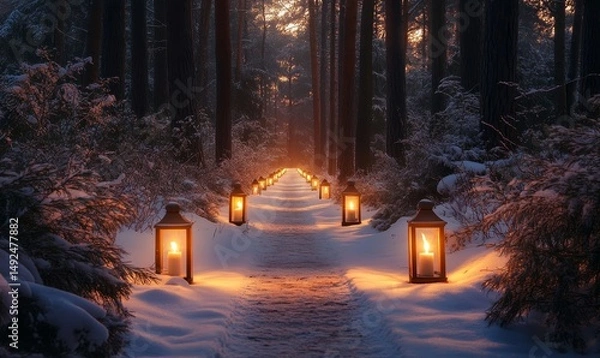Fototapeta wintery forest trail lit by warm glowing lanterns and surrounded by tall trees, Generative AI