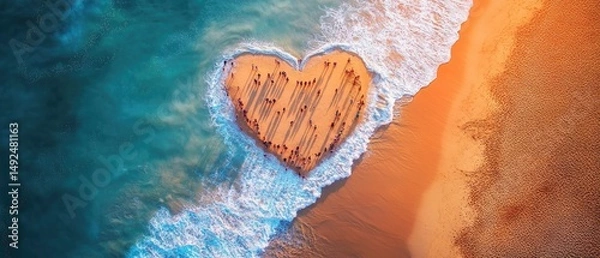 Fototapeta Aerial view of a heart-shaped sand formation on a beach.