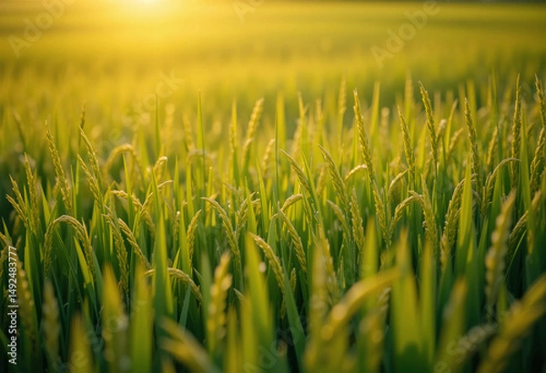 Fototapeta Serene Sunrise Over a Golden Rice Paddy in the Countryside
