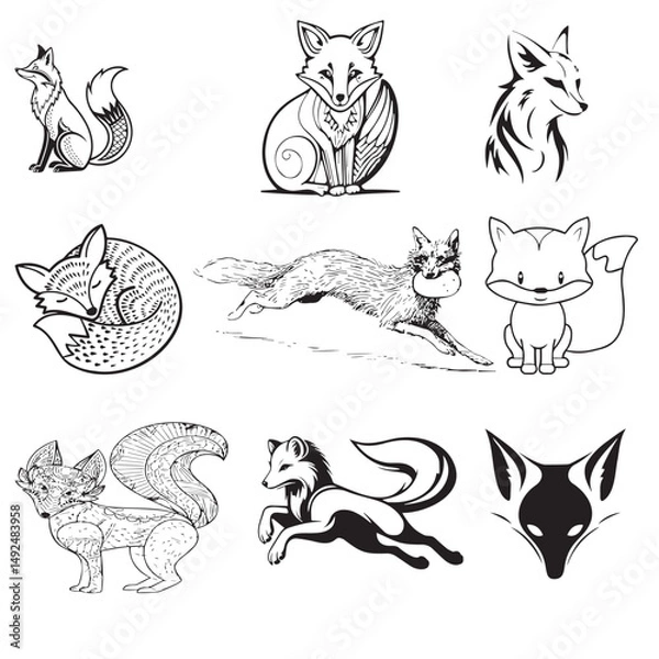Fototapeta Fox vector set Black and White