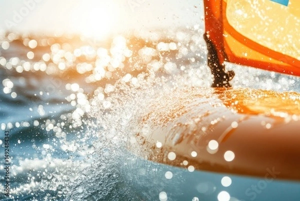 Fototapeta Close-up view of a windsurfing board cutting through water.
