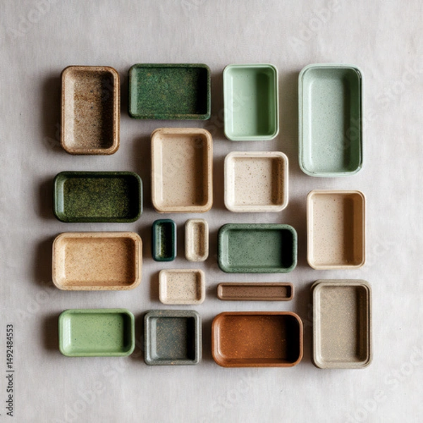 Obraz Assorted biodegradable algae-based bioplastic containers in muted earth tones neatly arranged on a neutral linen surface, viewed from above — ai generative.