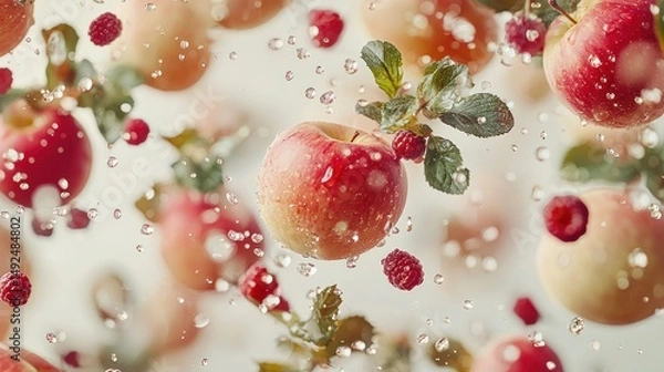 Obraz Apples, raspberries, leaves, and water droplets in the air