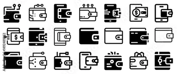 Fototapeta Wallet Icon Set – Physical and E-Wallet Payment Vector Symbols:
Set of wallet icons, featuring both physical wallets and digital e-wallets, perfect for payment, fintech, and finance-related designs.