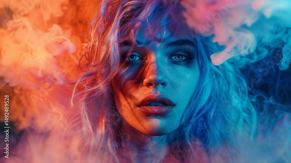 Fototapeta Woman's face illuminated in contrasting orange and blue lighting with colorful smoke effects. Portrait featuring striking blue eyes and parted lips, with in warm orange glow and half in cool turquoise