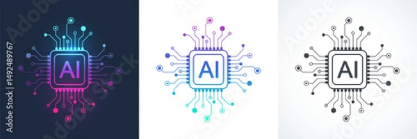 Obraz Artificial intelligence icon, sign, logo in the circuit line style. AI processor vector icon flat design. Motherboard digital chip AI. Machine learning design