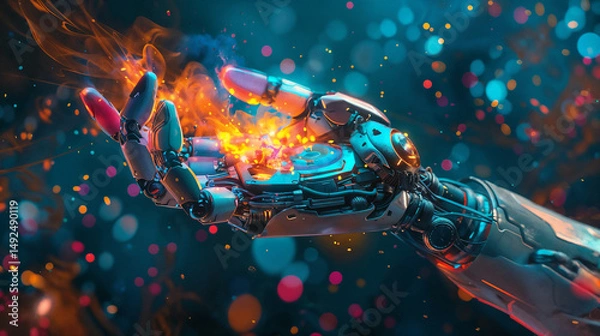 Fototapeta Futuristic robotic hand holding glowing particles of light and energy. Mechanical fingers create magical fire effects with sparks on a dark blue background with colorful bokeh