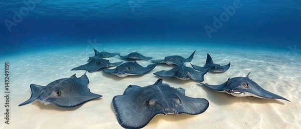 Fototapeta Group of stingrays resting on a sandy ocean floor.