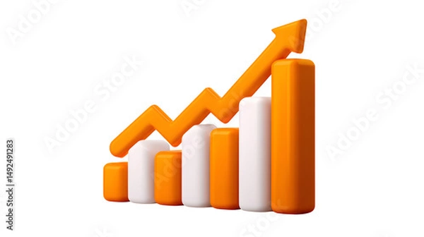 Fototapeta 3D bar graph icon with animated arrow trend lines, orange and white color scheme, front angle, white background