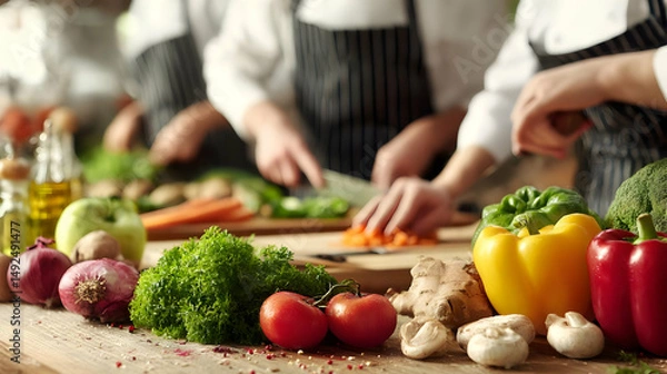 Obraz participating in a cooking class with colorful ingredients on table