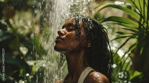 Fototapeta Peaceful woman enjoying a refreshing rainforest shower.