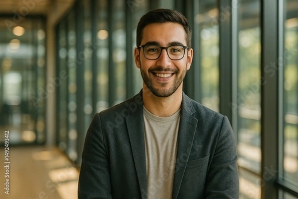 Obraz Smart casual man smiling at camera in bright glass office