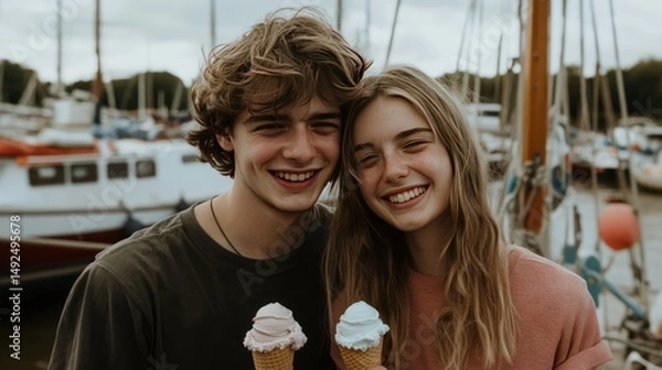 Fototapeta Smiling young couple holding ice cream cones by boats.
