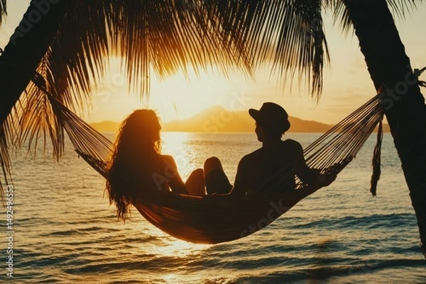 Fototapeta Silhouettes of two people relaxing in a hammock at sunset.
