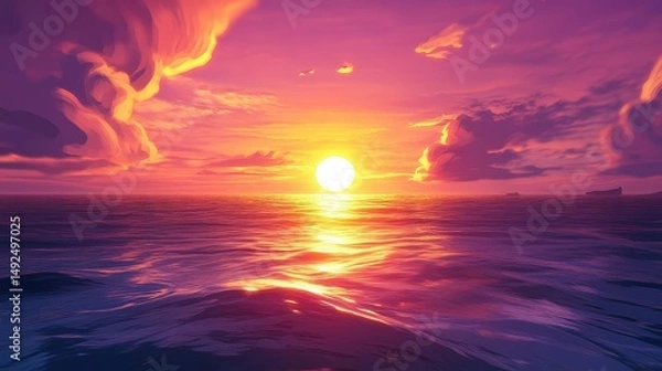 Obraz The setting sun casting a golden reflection over the ocean, with the sky transitioning from vibrant oranges to deep purples, creating a breathtaking and peaceful sunset scene
