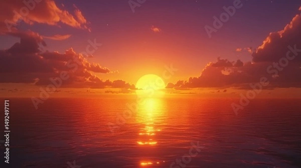 Obraz The setting sun casting a golden reflection over the ocean, with the sky transitioning from vibrant oranges to deep purples, creating a breathtaking and peaceful sunset scene