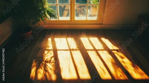 Obraz The sun shining through a window, casting long shadows across a cozy wooden floor