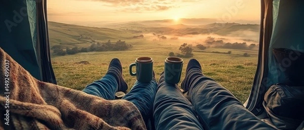 Fototapeta Relaxing Couple Enjoying Scenic Sunrise from a Vehicle