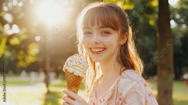 Fototapeta Smiling girl enjoying a waffle cone ice cream outdoors.