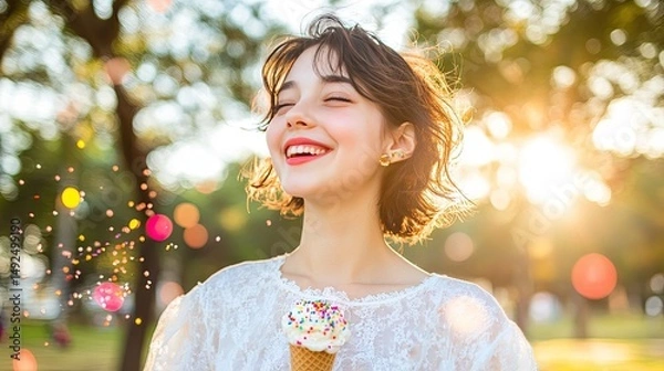 Fototapeta A joyful young woman in a park holds an ice cream cone.