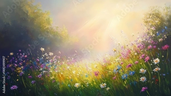 Obraz Warm sun rays gently kissing a tranquil meadow, enhancing the beauty of wildflowers.