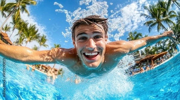 Fototapeta Excited young man joyfully leaping in a swimming pool.