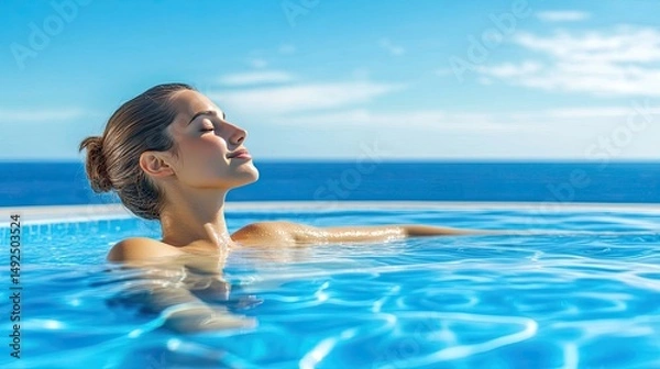 Fototapeta Relaxed woman floats in a tranquil pool on a sunny day.