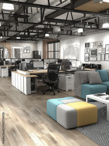 Fototapeta Modern cozy office atmosphere. Modern office space  relax space design for productivity and creativity.