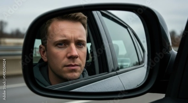 Fototapeta Man reflecting in car side mirror on overcast day during commute