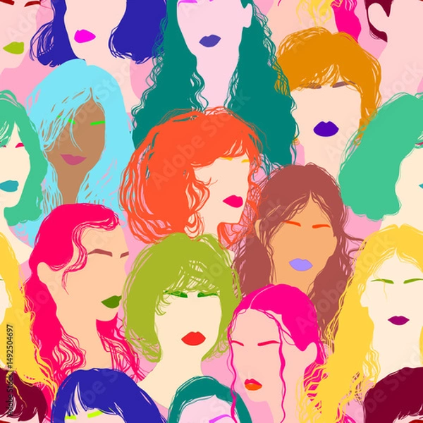 Fototapeta Colorful repetitive flat design seamless pattern with multicolor portraits of various ethnicity women with different hairstyles and vibrant eyebrows. Vector fashion style illustration.