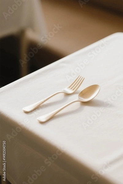 Obraz there is a fork and spoon on a table with a white tablecloth