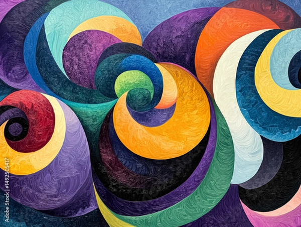 Fototapeta Colorful abstract painting with swirls and circles. The painting is full of vibrant colors and has a sense of movement and energy. The artist has used a variety of shades