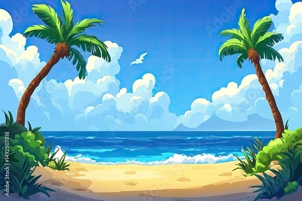 Obraz Tropical beach scene with palm trees and ocean