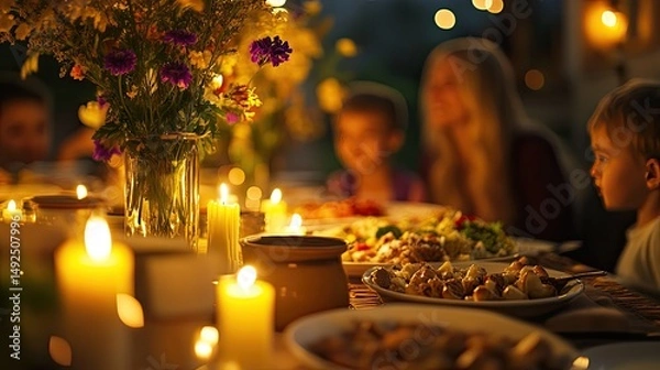 Fototapeta Warm, inviting gathering at a family dinner table.