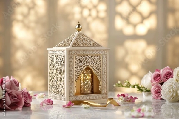 Fototapeta Ornate, cream-colored decorative box with intricate patterns.