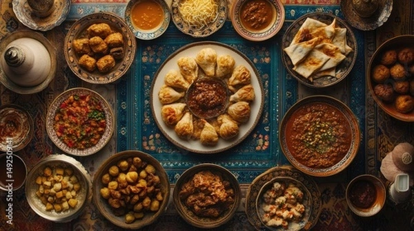 Fototapeta Diverse array of dishes arranged on a patterned tablecloth.