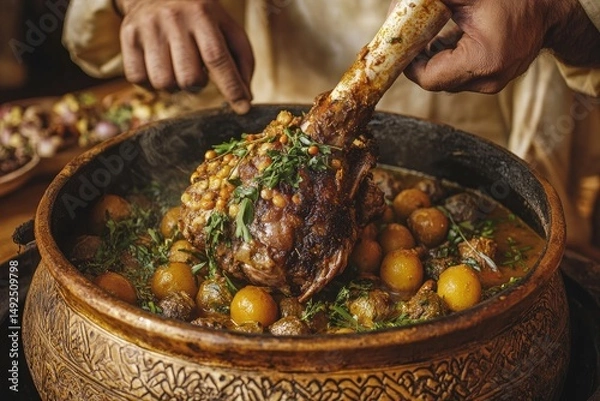 Fototapeta A hearty stew with lamb shank, vegetables, and herbs.