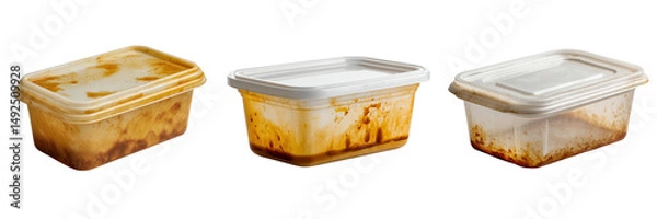 Fototapeta Used Food Containers with Stains and Residues on Transparent Background