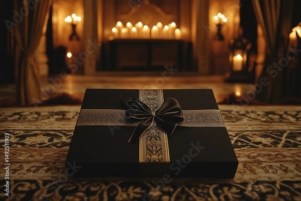 Fototapeta Elegant black gift box with a ribbon in a dimly lit room.