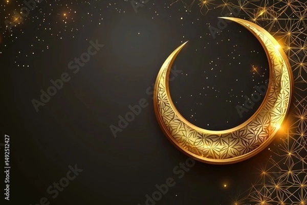 Fototapeta Ornate gold crescent moon design on dark background.
