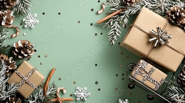 Obraz Festive christmas gifts sage green background overhead view