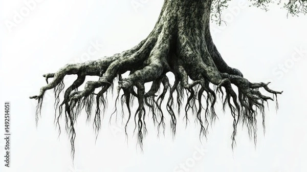 Fototapeta Show a tree with massive aerial roots hanging down, forming intricate natural patterns, completely isolated