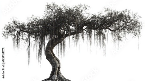 Fototapeta Show a tree with massive aerial roots hanging down, forming intricate natural patterns, completely isolated