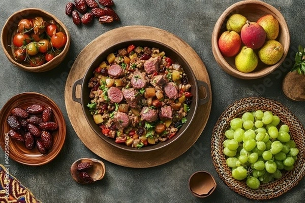 Fototapeta Hearty meal with various fruits and vegetables.