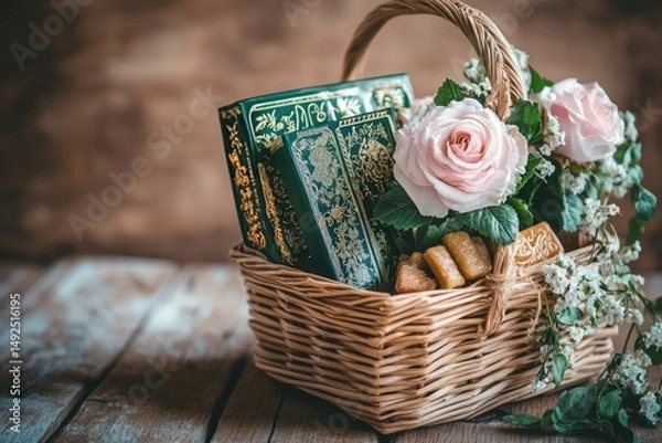 Fototapeta Basket filled with religious texts and flowers.
