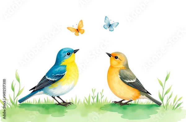 Fototapeta Watercolor illustration of a bird with butterflies on green grass against a white background. A delicate and artistic nature scene, perfect for prints, invitations, packaging.